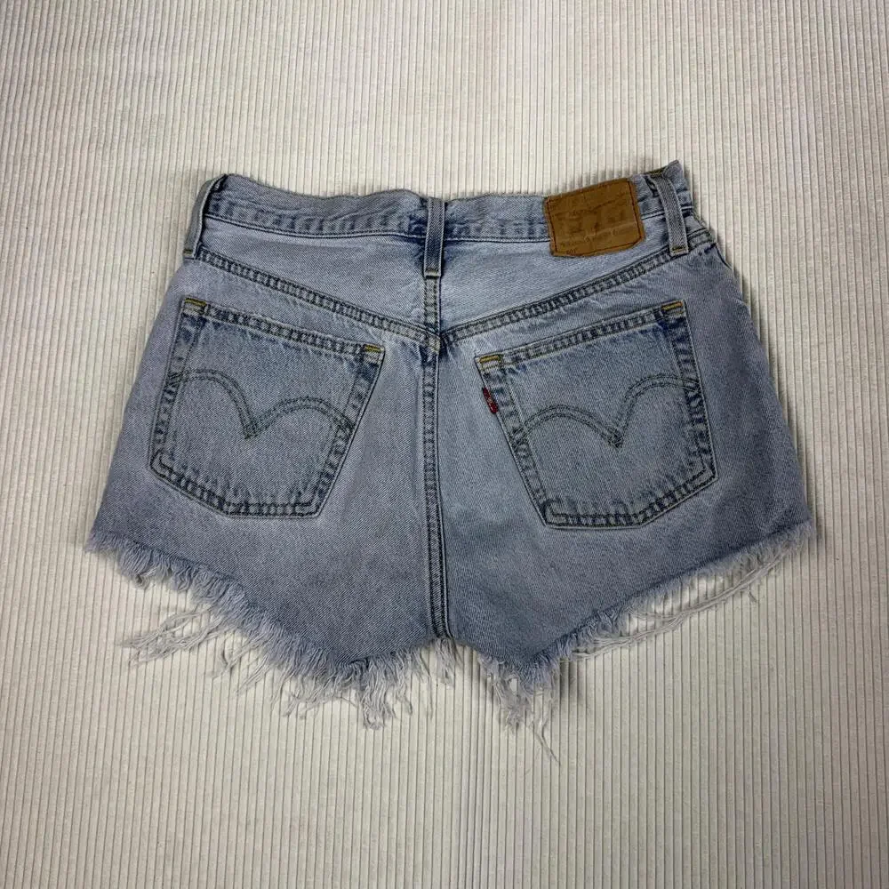 Levi's 501 Shorts Womens W27 Blue Denim Distressed Cutoff Button Fly Raw Hem